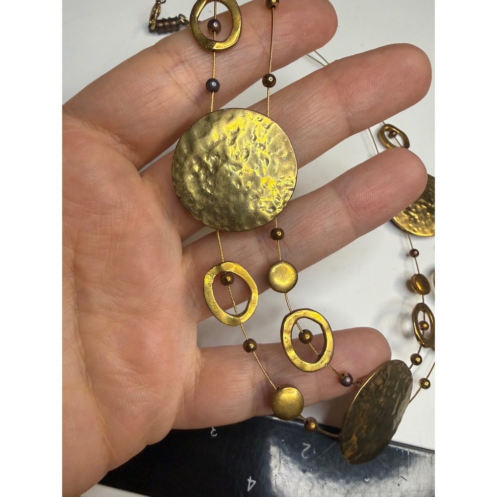 Hammered Gold Tone Double Strand Statement Necklace Artisanal Boho Geometric